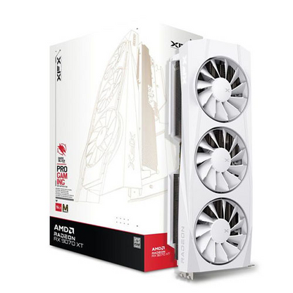 XFX RX9070 XT Quicksilver White graphics card with PCIe 5, 16GB DDR6, HDMI, DisplayPort, and Magnetic Air Tech design.