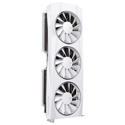 XFX RX9070 XT Quicksilver White graphics card with PCIe5, 16GB DDR6, HDMI, 3 DisplayPorts, and magnetic air cooling technology