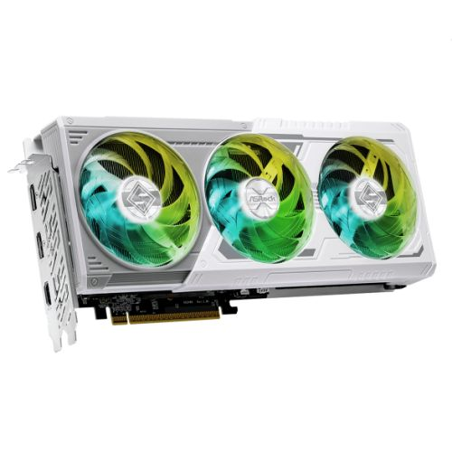 Asrock RX9060 XT Steel Legend 16GB OC graphics card with RGB lighting, PCIe 5, HDMI, DisplayPort, white finish, overclocked.