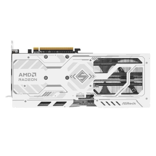 Asrock RX9060 XT Steel Legend 16GB OC graphics card with RGB lighting, HDMI, 2 DisplayPort, PCIe 5, DDR6 memory, white.