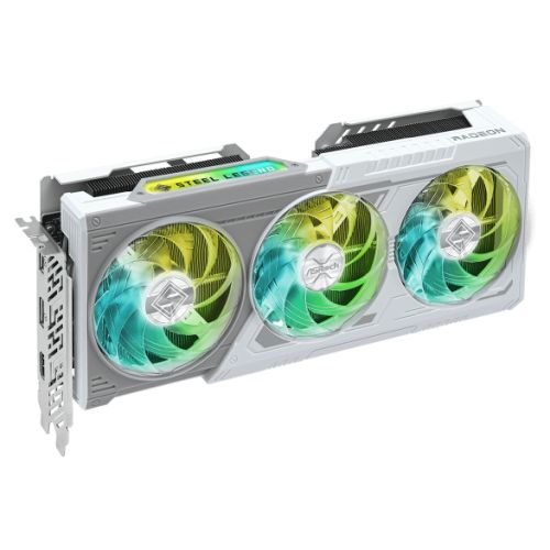 Asrock RX9060 XT Steel Legend graphics card with 16GB DDR6, RGB lighting, PCIe 5, HDMI and DisplayPort, overclocked in white.