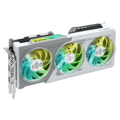 Asrock RX9060 XT Steel Legend graphics card with 16GB DDR6, RGB lighting, PCIe 5, HDMI and DisplayPort, overclocked in white.