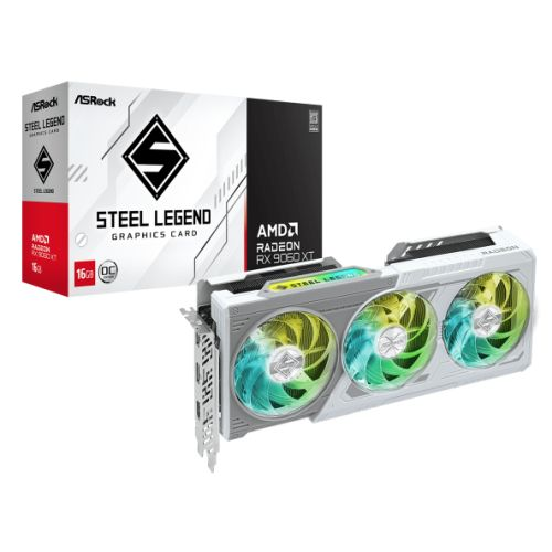 Asrock RX9060 XT Steel Legend graphics card with 16GB DDR6, RGB lighting, PCIe 5.0, HDMI, 2 DisplayPorts, white color.