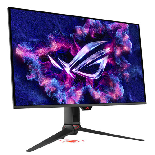 Asus ROG Swift 31.5-inch QD-OLED 4K gaming monitor with RGB lighting, USB ports, VESA mount, 240Hz refresh rate, and 0.03ms response time.