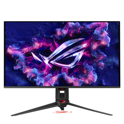 Asus 31.5-inch ROG Swift OLED 4K gaming monitor showing a sleek design with RGB lighting and VESA mount, 3840x2160 resolution.