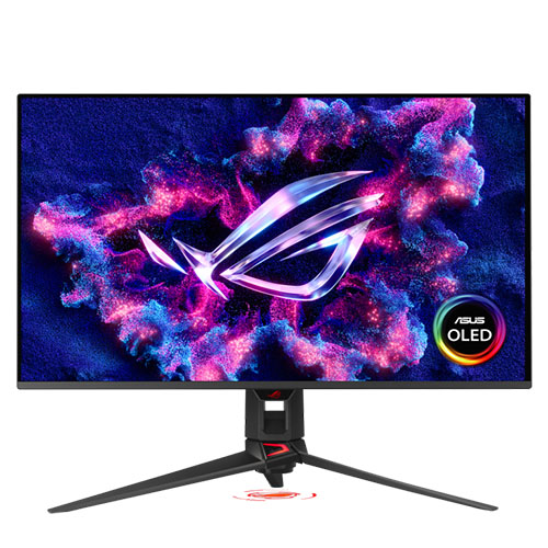 Asus ROG Swift 31.5-inch 4K OLED gaming monitor with RGB lighting, USB ports, VESA mount, 240Hz refresh rate, and DCI-P3 color.