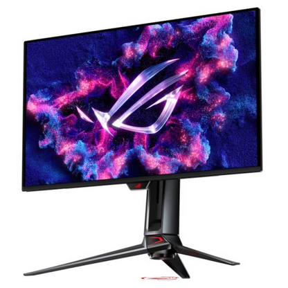 Asus ROG Swift 31.5-inch 4K OLED gaming monitor with RGB lighting, USB ports, 240Hz refresh rate, and VESA mounting.