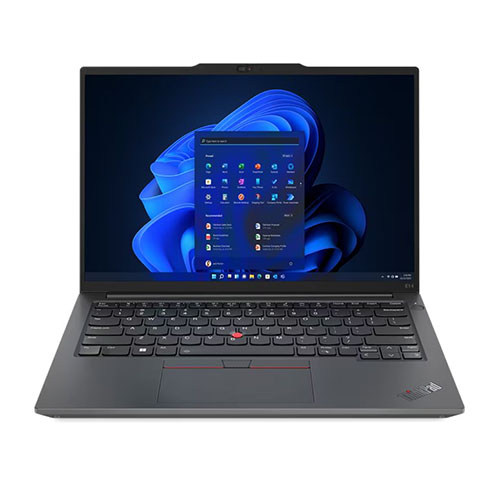 Lenovo ThinkPad E14 G5 laptop with 14-inch IPS display, black chassis, backlit keyboard, USB-C port, and Windows 11 Pro.