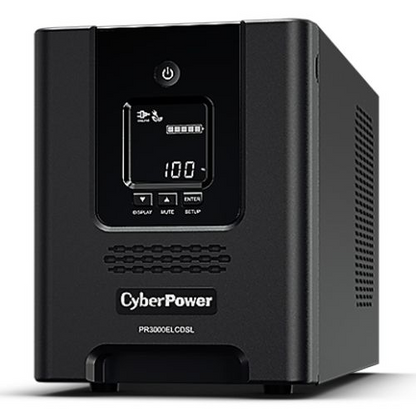 CyberPower 3000VA Line Interactive Tower UPS with LCD display, 9 IEC outlets, AVR, hot-swap batteries, energy-saving features