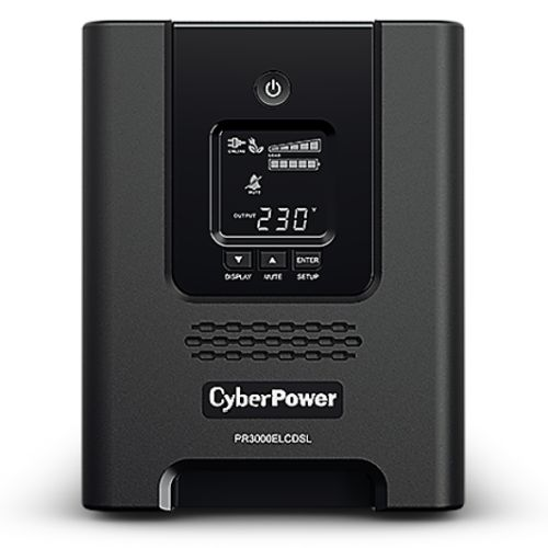 CyberPower 3000VA Line Interactive Tower UPS with LCD display, IEC outlets, AVR, hot-swap batteries, ideal for electronics backup.