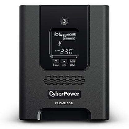 CyberPower 3000VA Line Interactive Tower UPS with LCD display, IEC outlets, AVR, hot-swap batteries, ideal for electronics backup.