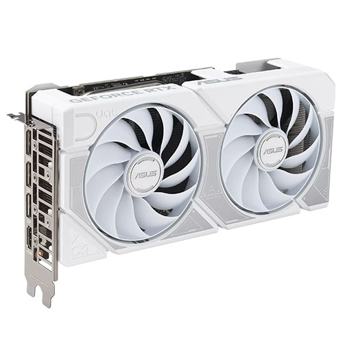 Asus DUAL RTX5060 Ti OC graphics card with white shroud, HDMI, 3 DisplayPorts, 16GB DDR7, PCIe 5, overclocked, compact design.
