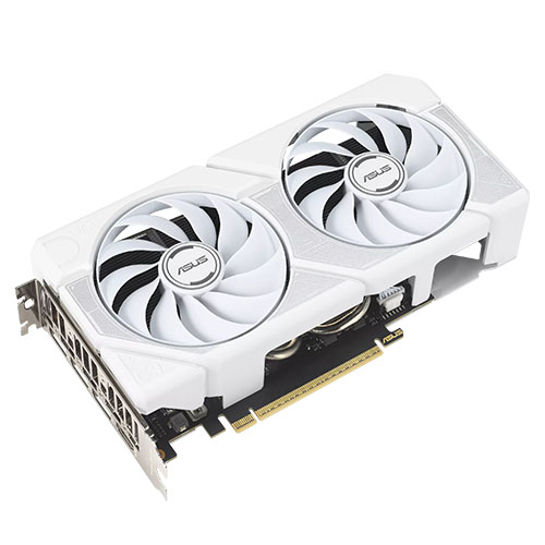 Asus DUAL RTX 5060 Ti OC graphics card with white shroud, HDMI and DisplayPort outputs, compact design, overclocked, 16GB DDR7 RAM