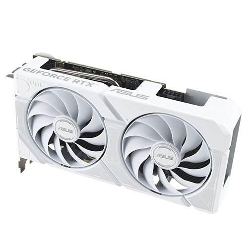 Asus DUAL RTX 5060 Ti OC graphics card in white with HDMI and DisplayPort, 16GB DDR7, PCIe 5, overclocked, compact design.