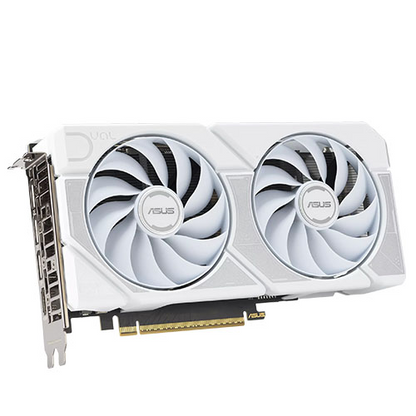 Asus DUAL RTX 5060 Ti OC graphics card with white design, 16GB DDR7, HDMI, 3 DisplayPorts, PCIe 5, overclocked, compact SFF-ready