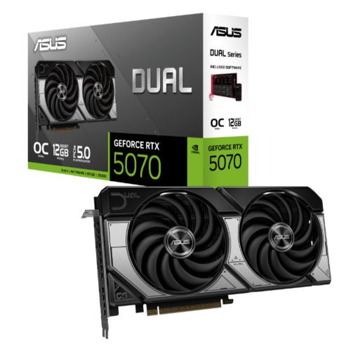 Asus DUAL RTX5070 OC graphics card with 12GB DDR7, HDMI, 3 DisplayPorts, overclocked at 2572MHz, compact SFF-ready design