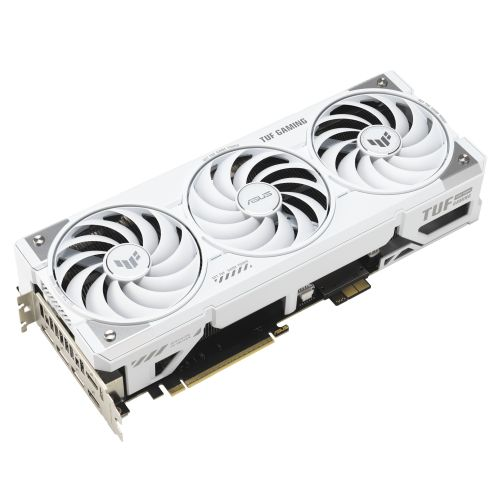 Asus TUF GAMING RTX5070 Ti BTF OC graphics card with RGB lighting, white design, PCIe5, 16GB DDR7, multiple HDMI and DisplayPort outputs.