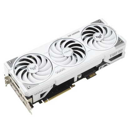 Asus TUF GAMING RTX5070 Ti BTF OC graphics card with RGB lighting, white design, PCIe5, 16GB DDR7, multiple HDMI and DisplayPort outputs.