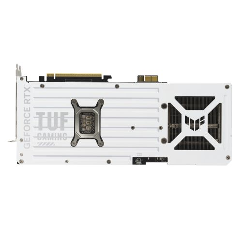 Asus TUF Gaming RTX 5070 Ti BTF OC white graphics card with RGB lighting, PCIe 5, 16GB DDR7, HDMI, DisplayPort, and overclocked features.