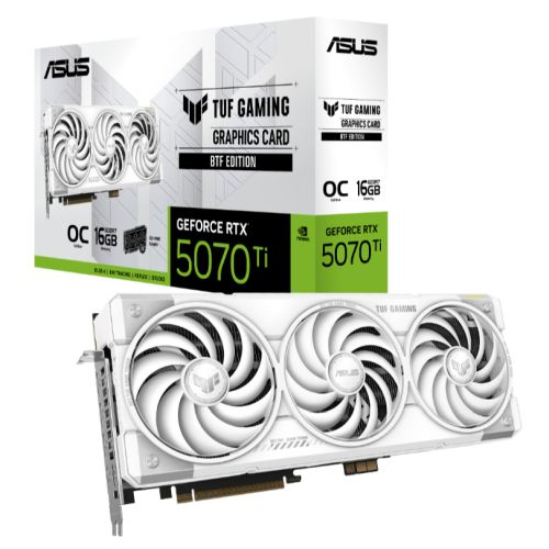 Asus TUF GAMING RTX 5070 Ti BTF OC graphics card with RGB lighting, white design, PCIe 5, 16GB DDR7, HDMI, DisplayPort, overclocked