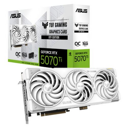 Asus TUF GAMING RTX 5070 Ti BTF OC graphics card with RGB lighting, white design, PCIe 5, 16GB DDR7, HDMI, DisplayPort, overclocked
