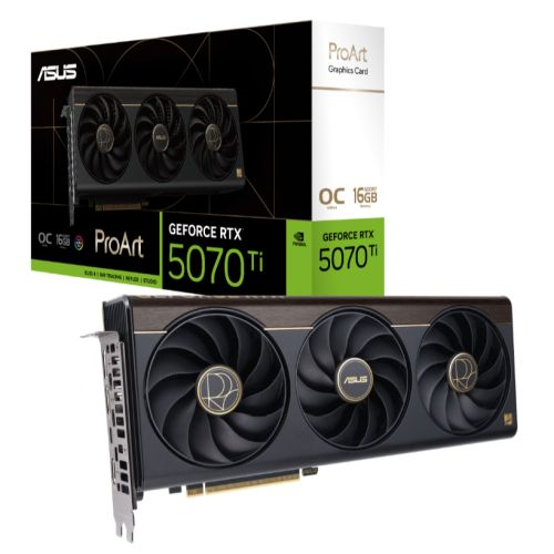 Asus PROART RTX5070 Ti OC graphics card with RGB lighting, HDMI, DisplayPorts, USB-C, 16GB DDR7, PCIe 5.0, compact SFF-ready design