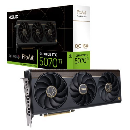 Asus PROART RTX5070 Ti OC graphics card with RGB lighting, HDMI, DisplayPorts, USB-C, 16GB DDR7, PCIe 5.0, compact SFF-ready design