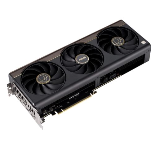Asus PROART RTX5070 Ti OC graphics card with RGB lighting, HDMI, DisplayPort, USB-C, 16GB DDR7, PCIe 5, overclocked, compact size.