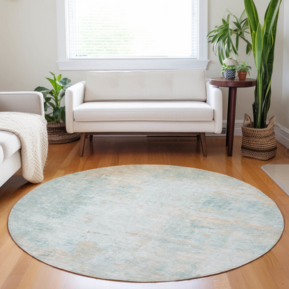 Luxury washable Ravenna Seafoam indoor/outdoor round rug by Start2Finish, featuring soft seafoam color and intricate pattern.
