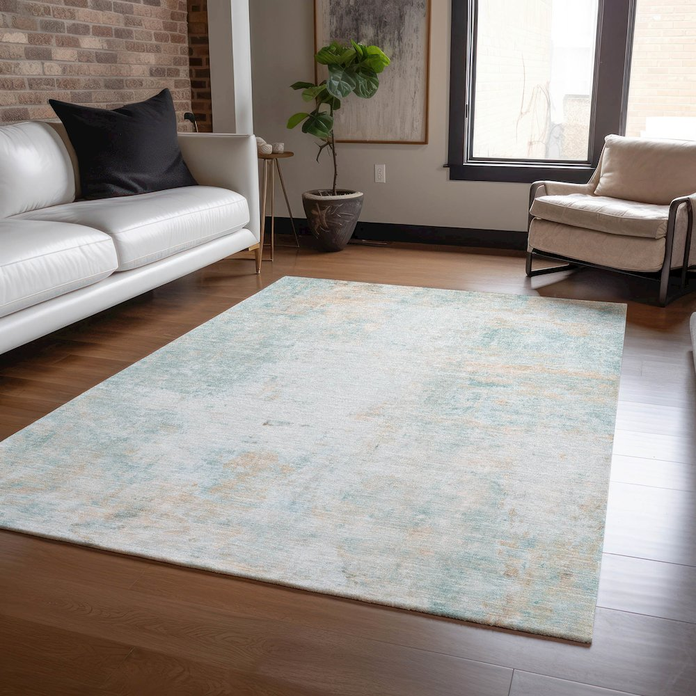 Start2Finish Ravenna Seafoam 9x12 indoor/outdoor washable rug with intricate patterns and vibrant seafoam color.