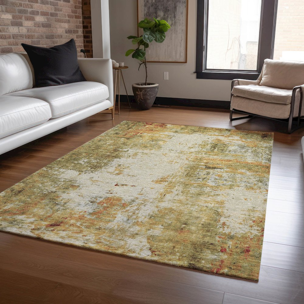 Luxury washable Ravenna Olive indoor/outdoor rug by Start2Finish, 3x5 feet, featuring a stylish olive green pattern.