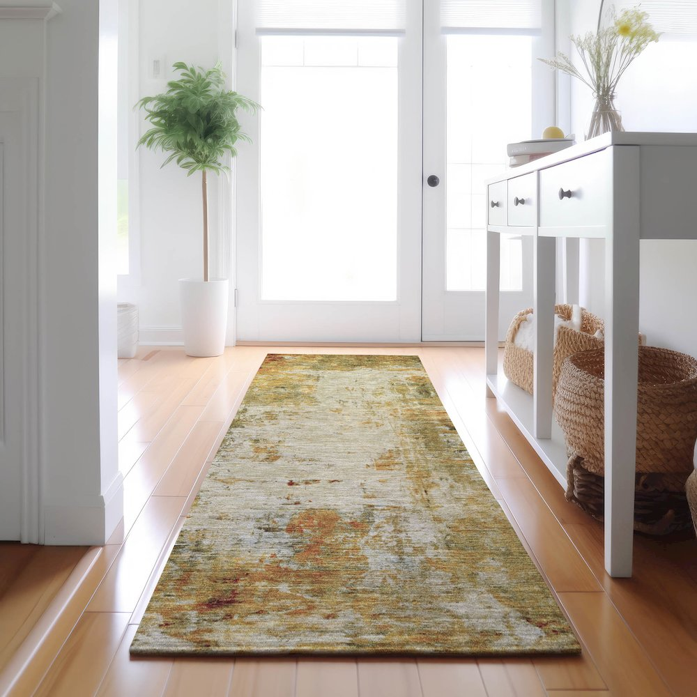 Luxury washable indoor/outdoor Ravenna Olive runner rug by Start2Finish, featuring a 2&