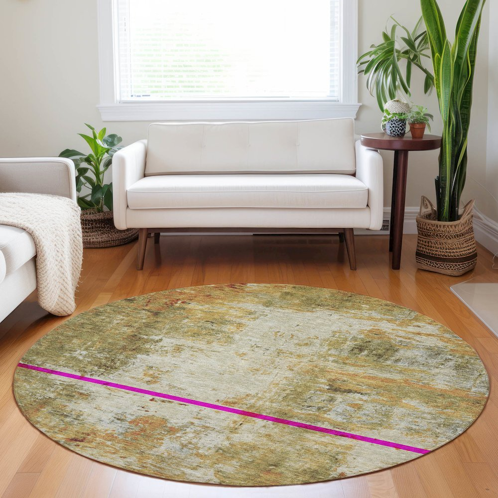 Luxury washable Ravenna Olive indoor-outdoor round rug by Start2Finish, featuring an 8-foot diameter with intricate olive green pattern.