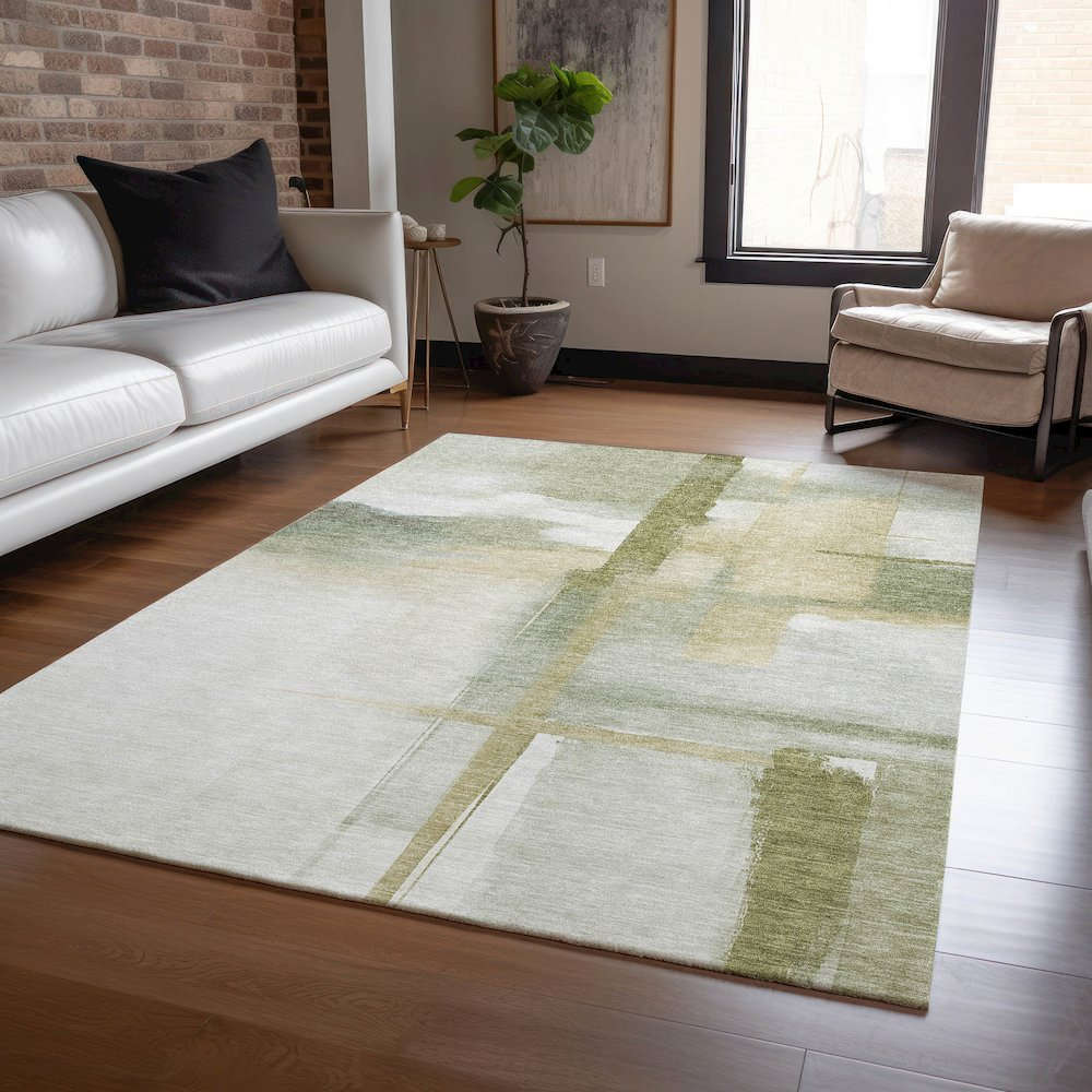 Luxury washable Ravenna Aloe indoor-outdoor rug by Start2Finish, 8x10 feet, with a vibrant green aloe leaf pattern.