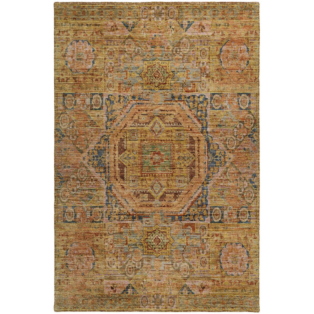 Start2Finish Silk Road Curry 8x10 indoor/outdoor rug with intricate patterns in warm tones, suitable for various interior and outdoor spaces.