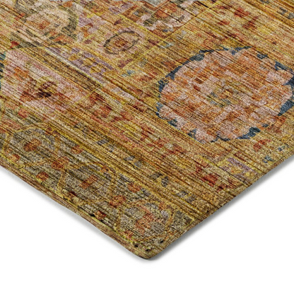 Start2Finish Silk Road Curry 8x10 indoor/outdoor rug with intricate pattern and vibrant colors on a woven surface.