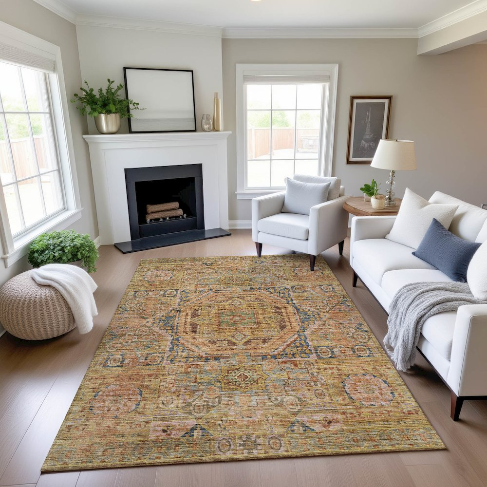Start2Finish Silk Road Curry 8x10 rug with intricate patterns, suitable for indoor and outdoor use, showcasing warm earthy tones.