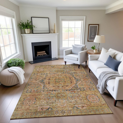 Start2Finish Silk Road Curry 8x10 rug with intricate patterns, suitable for indoor and outdoor use, showcasing warm earthy tones.