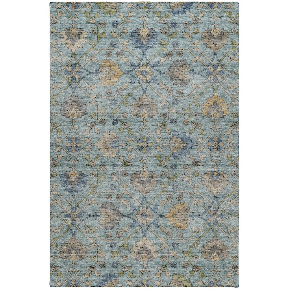 Start2Finish Silk Road Denim 8x10 indoor/outdoor rug with intricate blue and beige patterns on a textured fabric surface.
