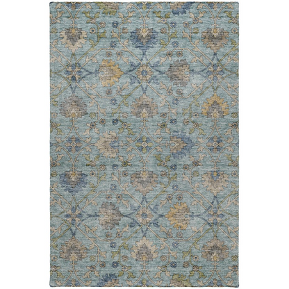 Start2Finish Silk Road Denim 8x10 indoor/outdoor rug with intricate blue and beige patterns on a textured fabric surface.