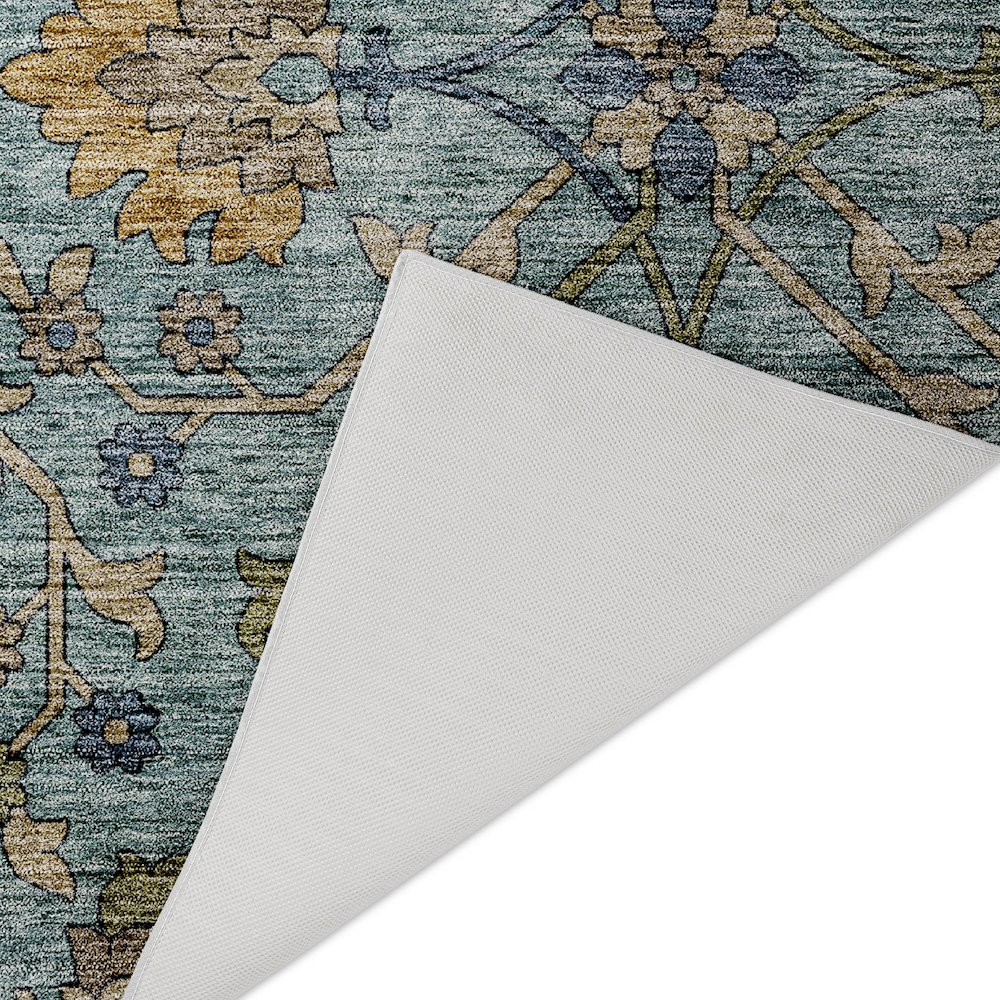 Start2Finish Silk Road denim rug, 8x10 feet, indoor/outdoor design with intricate blue and beige patterns on textured fabric.