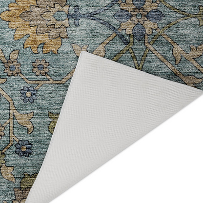 Start2Finish Silk Road denim rug, 8x10 feet, indoor/outdoor design with intricate blue and beige patterns on textured fabric.