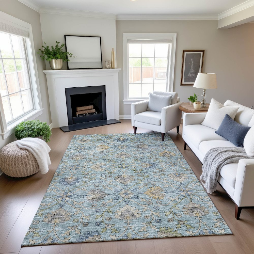 Start2Finish Silk Road denim indoor/outdoor rug, 8x10 feet, featuring detailed denim pattern and durable woven design.