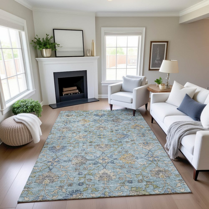 Start2Finish Silk Road denim indoor/outdoor rug, 8x10 feet, featuring detailed denim pattern and durable woven design.