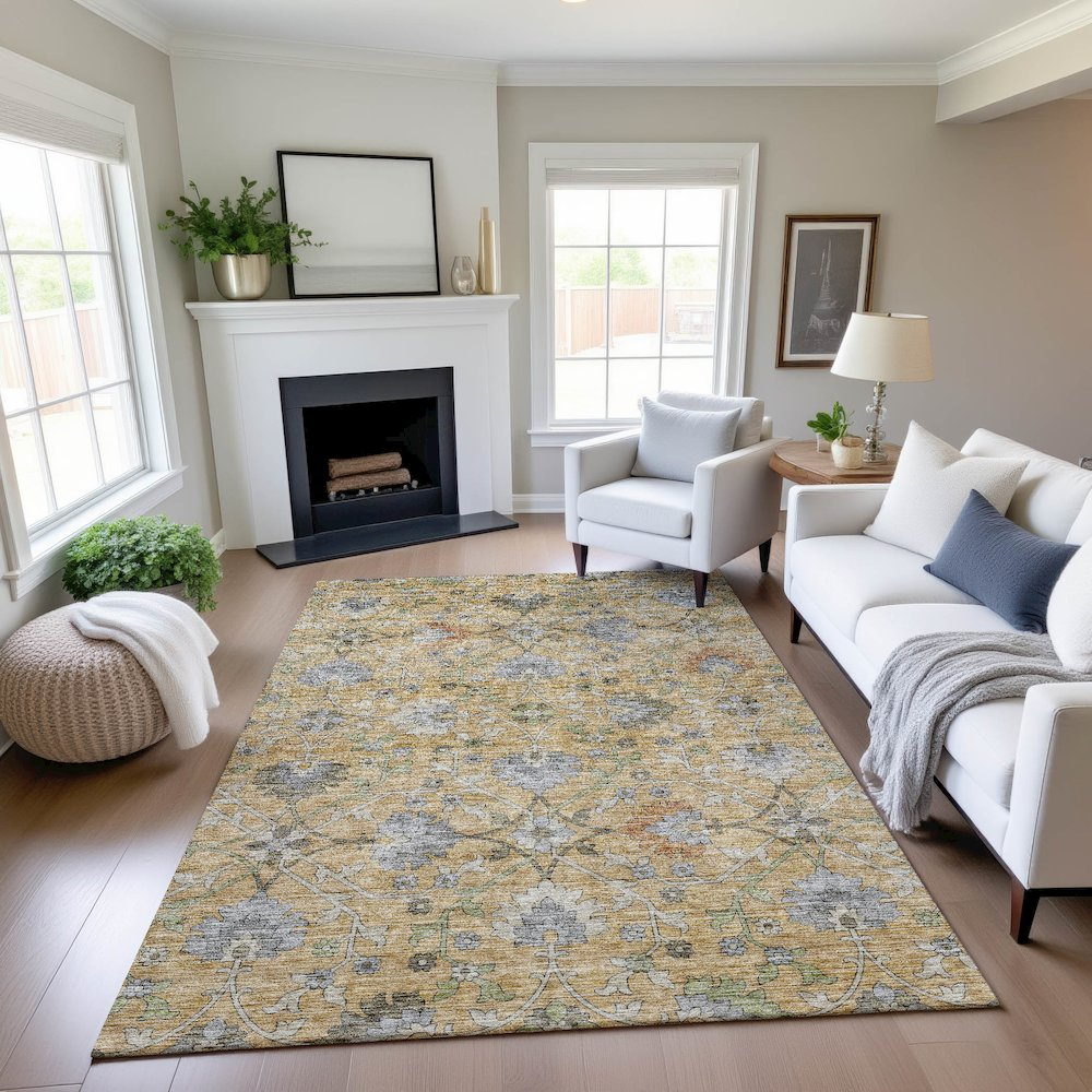 Start2Finish Silk Road Saffron 8x10 indoor/outdoor rug with intricate pattern in warm tones, suitable for living spaces and patios.