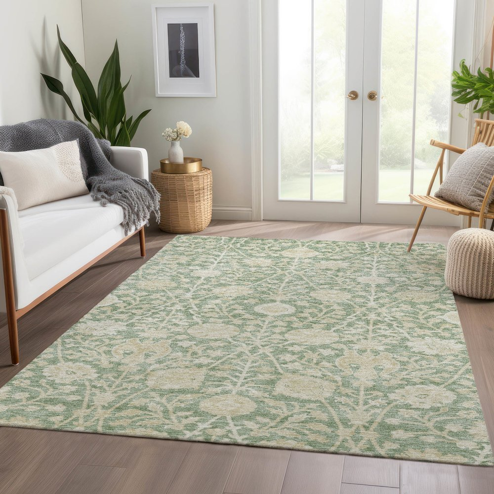 Start2Finish Solace Aloe 5x7.6 indoor/outdoor washable rug with vibrant aloe green pattern and plush texture.