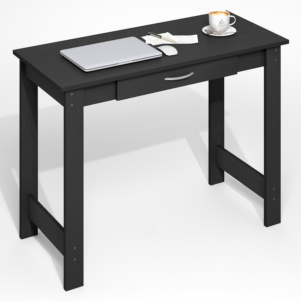 Start2Finish darkwood computer desk with H-legs, office writing desk featuring a drawer and sturdy furniture design