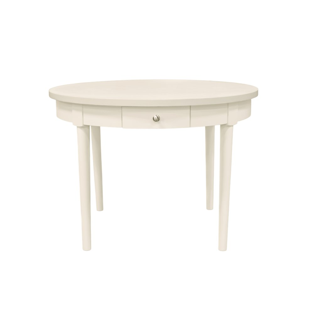 Avery round dining table in coconut milk finish by Start2Finish, showing smooth circular surface and sturdy wooden legs.