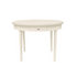Avery round dining table in coconut milk finish by Start2Finish, showing smooth circular surface and sturdy wooden legs.