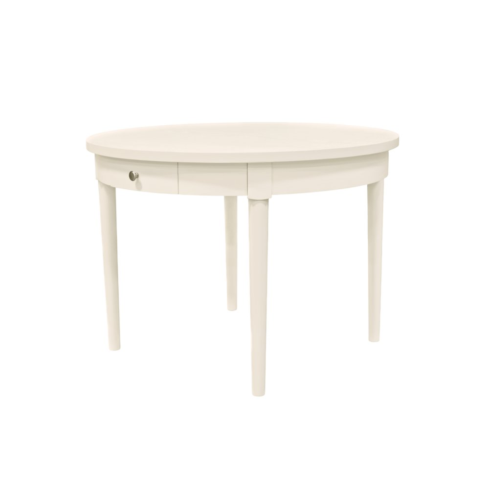 Avery round dining table by Start2Finish with a coconut milk finish, showcasing smooth wood surface and modern design.